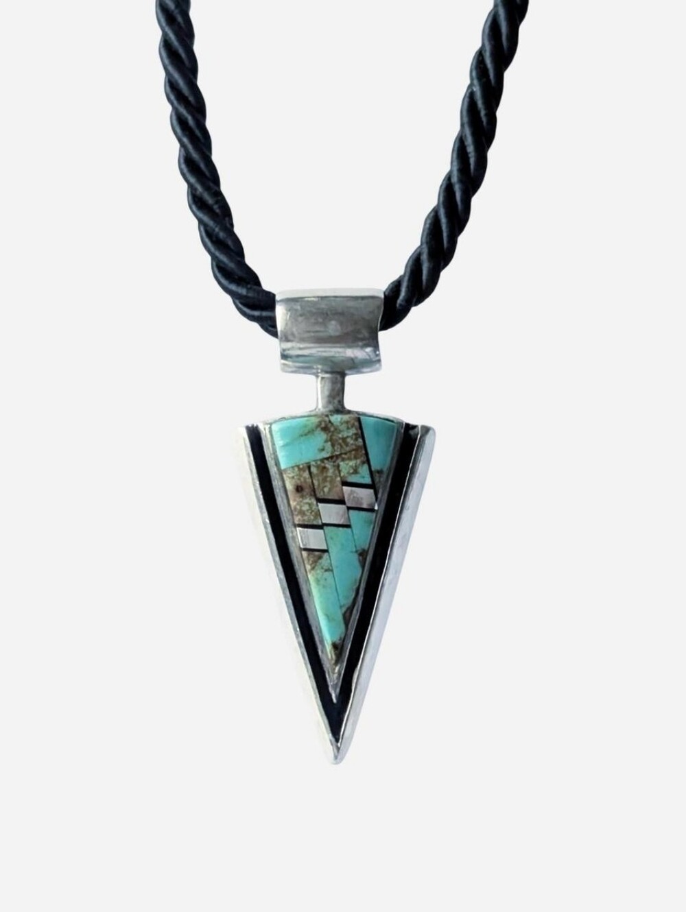 Vintage sterling silver necklace turquoise inlay pendant triangle geometric 925
